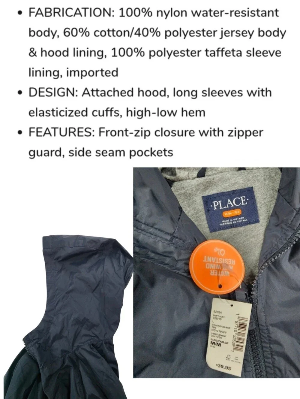 5pc Children's Place Hooded Windbreaker Jacket & Long Sleeve Shirts